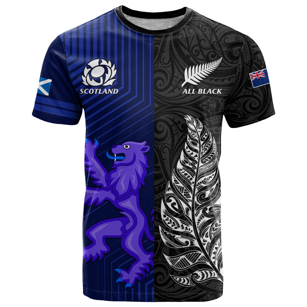 Personalised New Zealand and Scotland Rugby T Shirt All Black Maori With Thistle Together - Wonder Print Shop