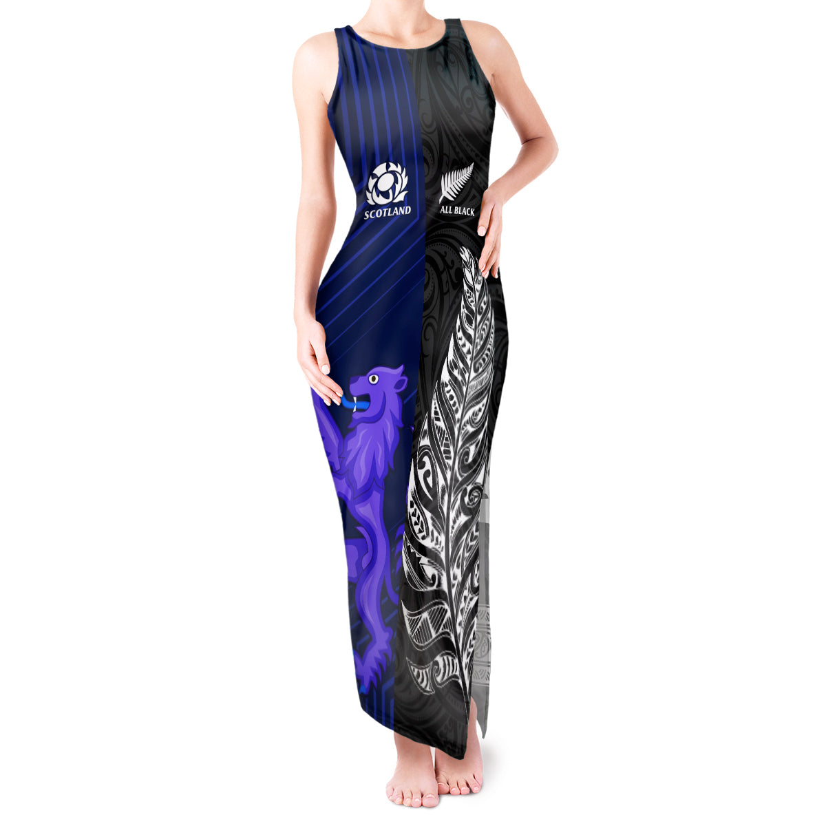 Personalised New Zealand and Scotland Rugby Tank Maxi Dress All Black Maori With Thistle Together - Wonder Print Shop