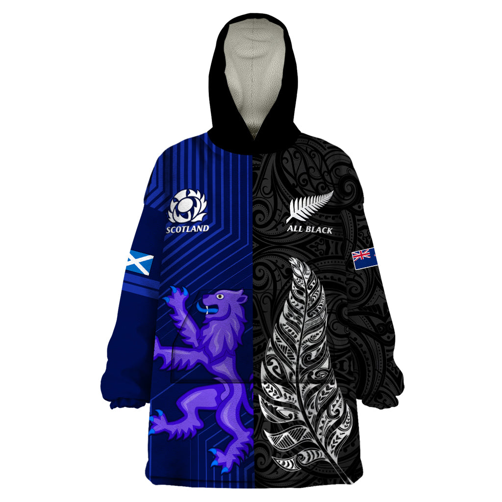 Personalised New Zealand and Scotland Rugby Wearable Blanket Hoodie All Black Maori With Thistle Together - Wonder Print Shop