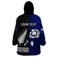 Personalised New Zealand and Scotland Rugby Wearable Blanket Hoodie All Black Maori With Thistle Together - Wonder Print Shop