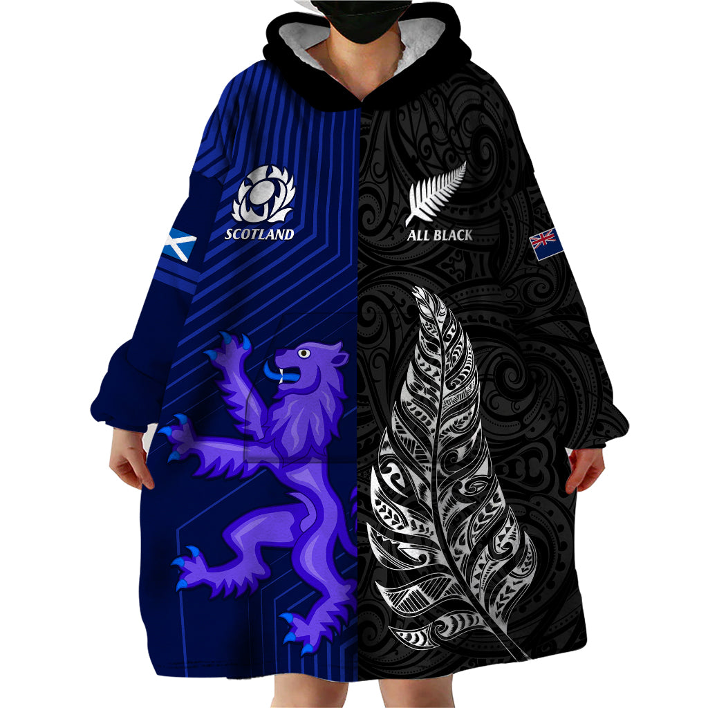 Personalised New Zealand and Scotland Rugby Wearable Blanket Hoodie All Black Maori With Thistle Together - Wonder Print Shop