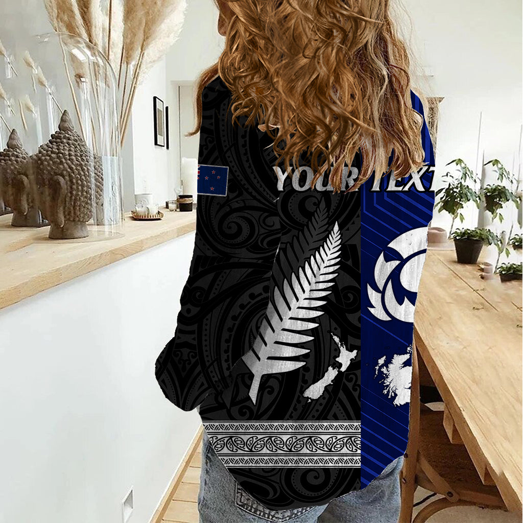 Personalised New Zealand and Scotland Rugby Women Casual Shirt All Black Maori With Thistle Together - Wonder Print Shop