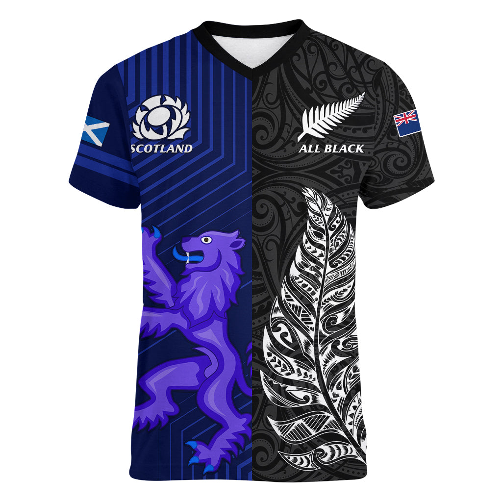 Personalised New Zealand and Scotland Rugby Women V Neck T Shirt All Black Maori With Thistle Together - Wonder Print Shop