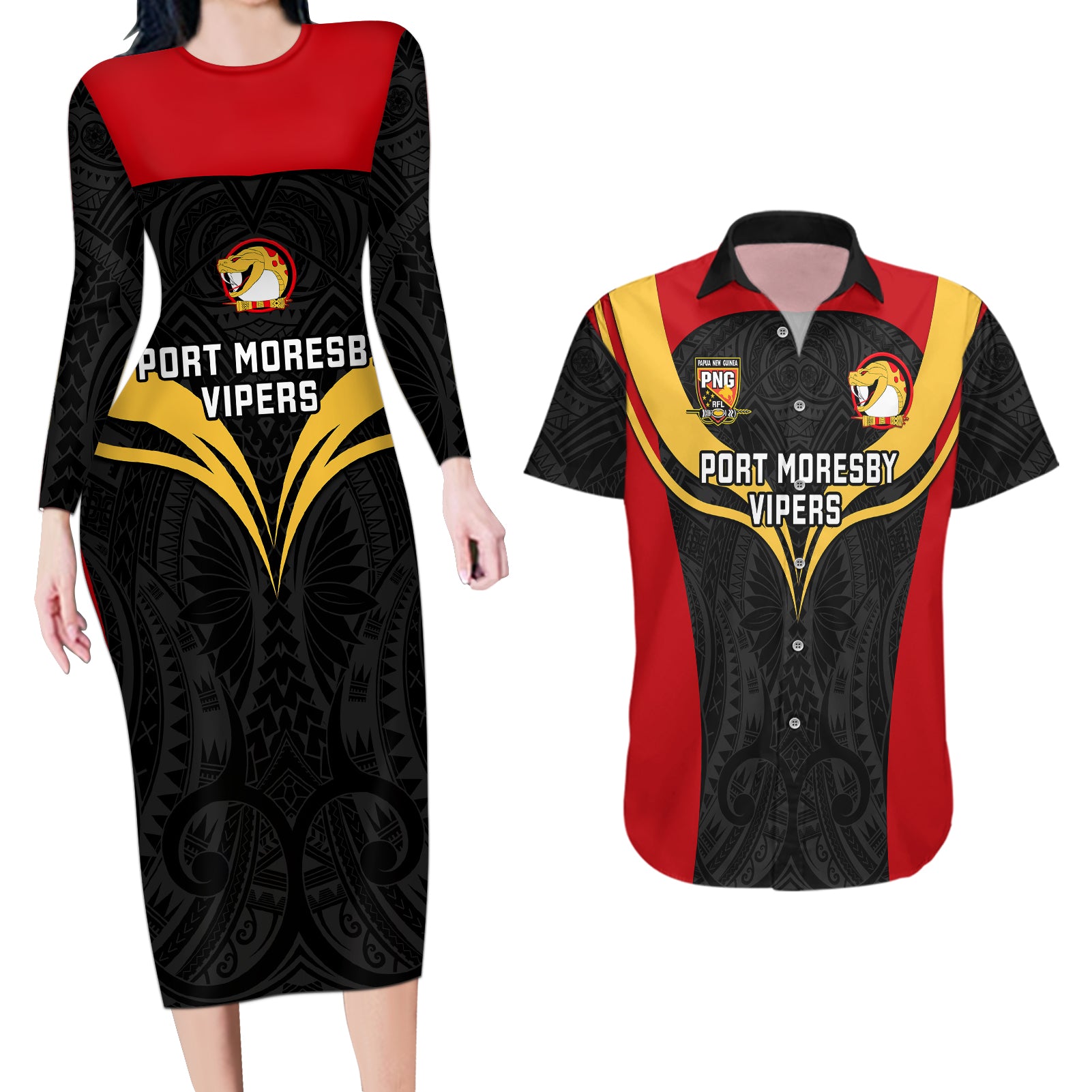 Papua New Guinea Rugby Couples Matching Long Sleeve Bodycon Dress and Hawaiian Shirt Port Moresby Vipers PNG Polynesian Pattern - Wonder Print Shop