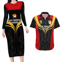 Papua New Guinea Rugby Couples Matching Long Sleeve Bodycon Dress and Hawaiian Shirt Port Moresby Vipers PNG Polynesian Pattern - Wonder Print Shop