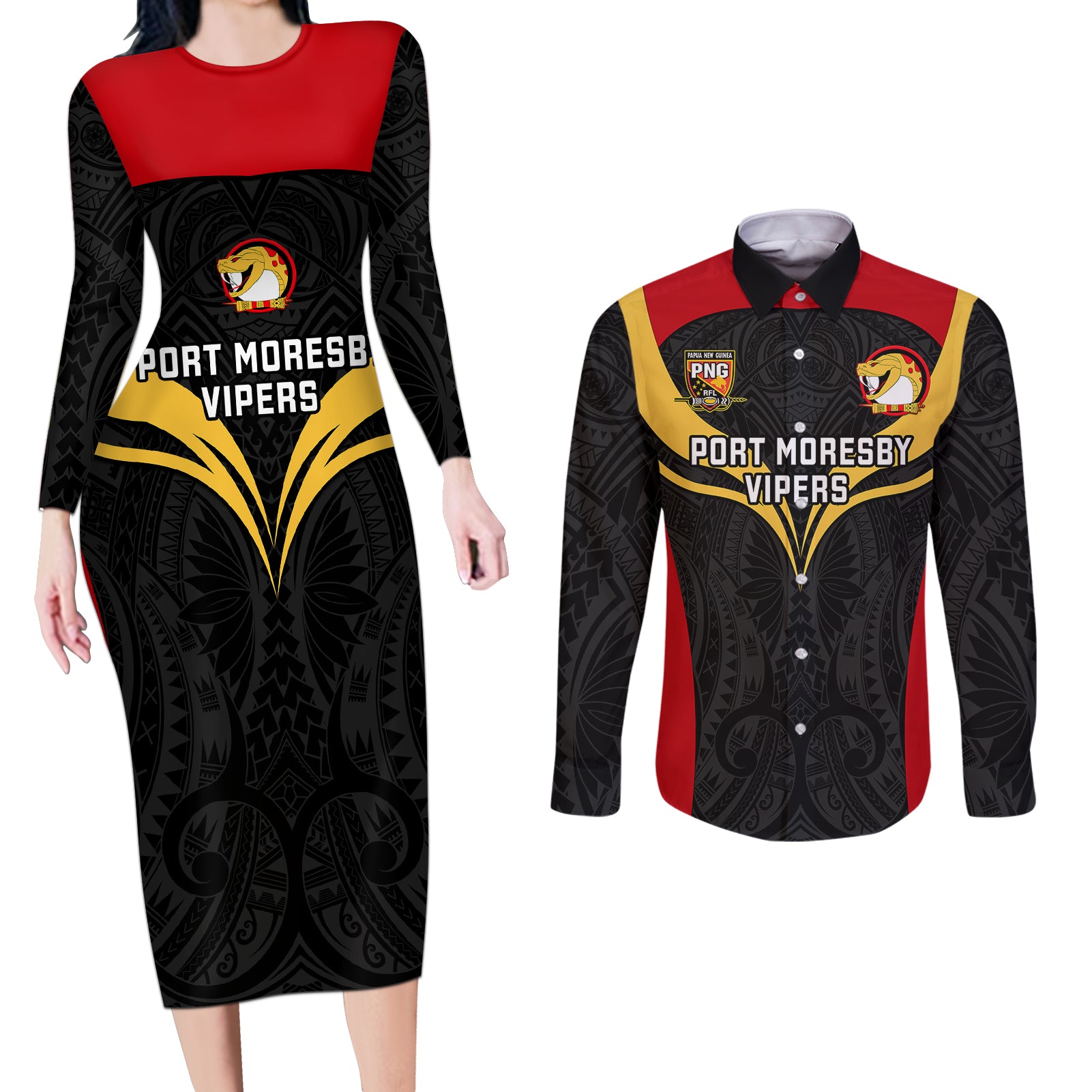 Papua New Guinea Rugby Couples Matching Long Sleeve Bodycon Dress and Long Sleeve Button Shirts Port Moresby Vipers PNG Polynesian Pattern - Wonder Print Shop