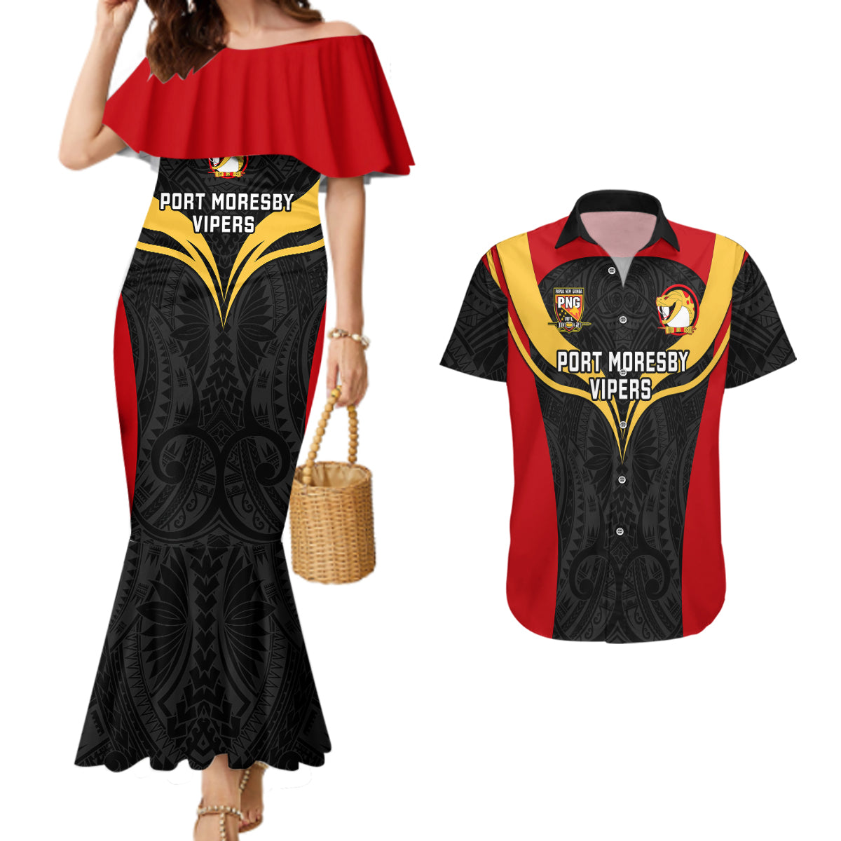Papua New Guinea Rugby Couples Matching Mermaid Dress And Hawaiian Shirt Port Moresby Vipers PNG Polynesian Pattern - Wonder Print Shop