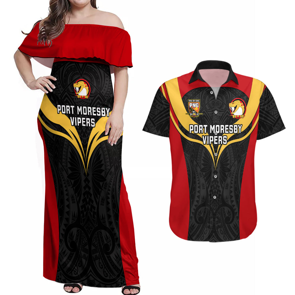 Papua New Guinea Rugby Couples Matching Off Shoulder Maxi Dress and Hawaiian Shirt Port Moresby Vipers PNG Polynesian Pattern - Wonder Print Shop