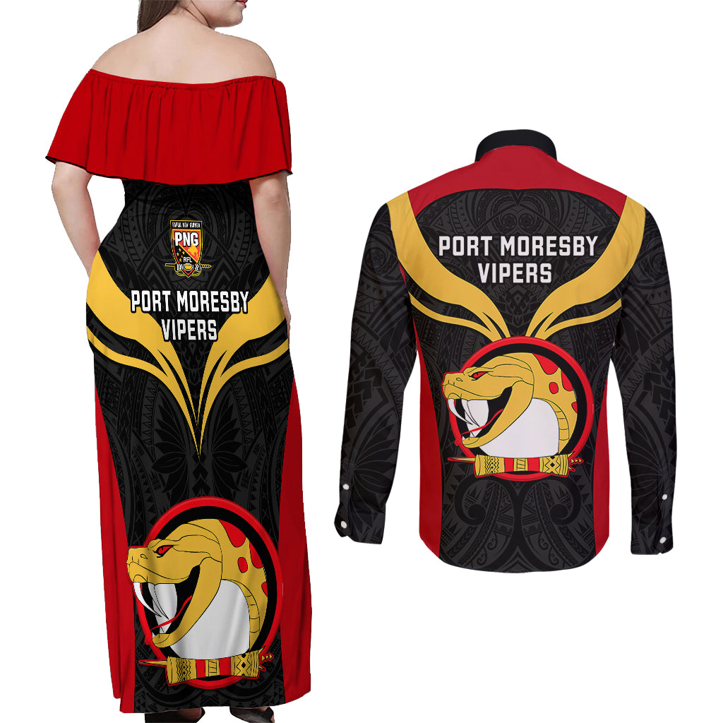 Papua New Guinea Rugby Couples Matching Off Shoulder Maxi Dress and Long Sleeve Button Shirts Port Moresby Vipers PNG Polynesian Pattern - Wonder Print Shop