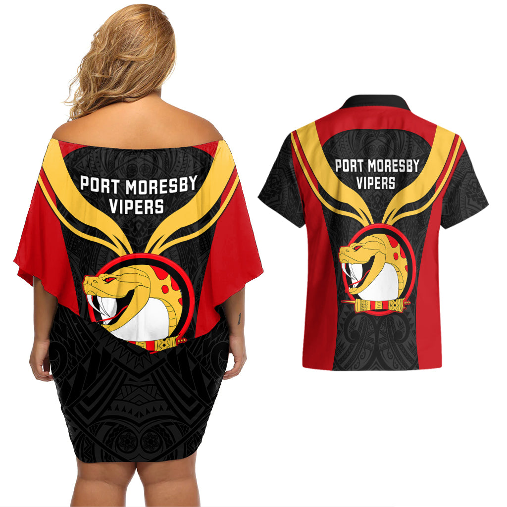 Papua New Guinea Rugby Couples Matching Off Shoulder Short Dress and Hawaiian Shirt Port Moresby Vipers PNG Polynesian Pattern - Wonder Print Shop