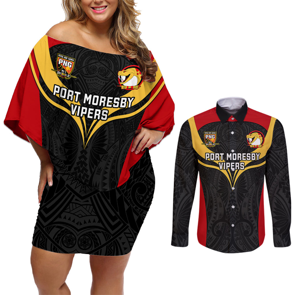 Papua New Guinea Rugby Couples Matching Off Shoulder Short Dress and Long Sleeve Button Shirts Port Moresby Vipers PNG Polynesian Pattern - Wonder Print Shop