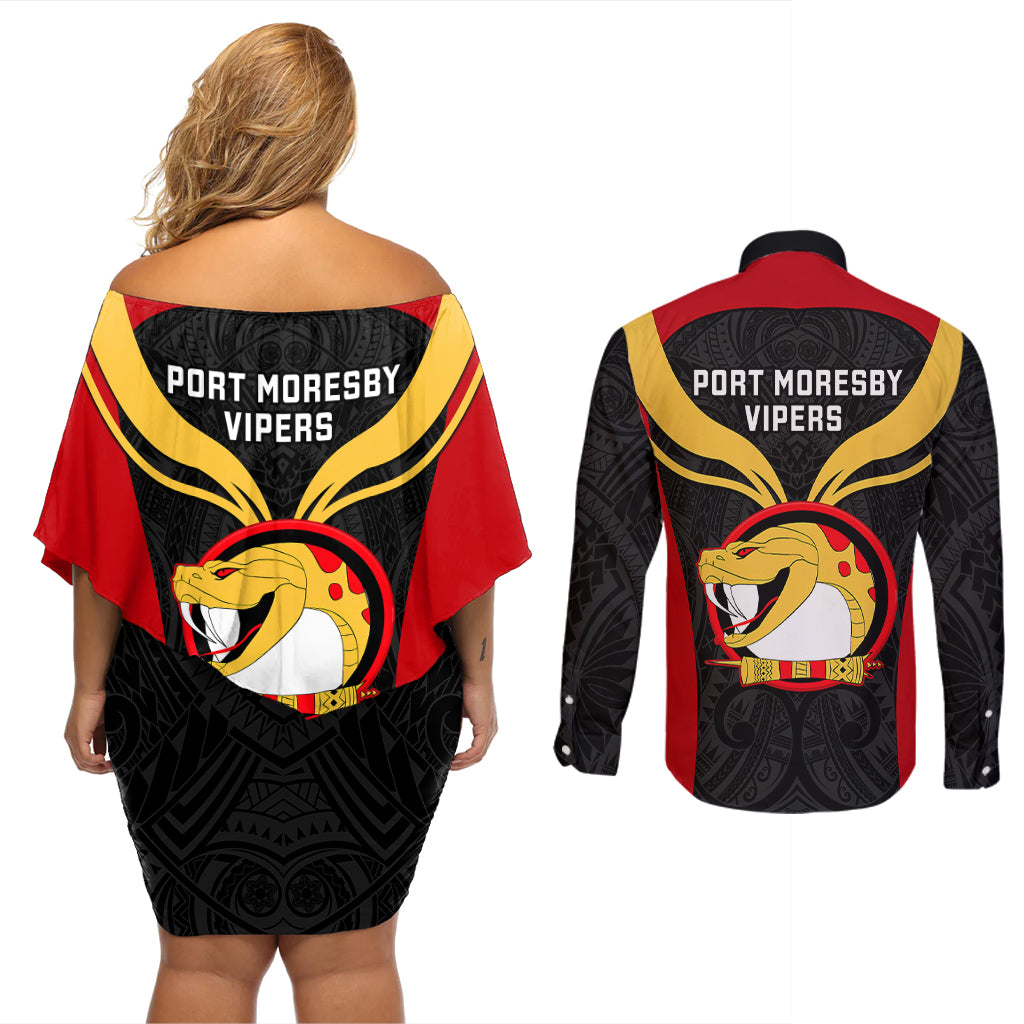 Papua New Guinea Rugby Couples Matching Off Shoulder Short Dress and Long Sleeve Button Shirts Port Moresby Vipers PNG Polynesian Pattern - Wonder Print Shop