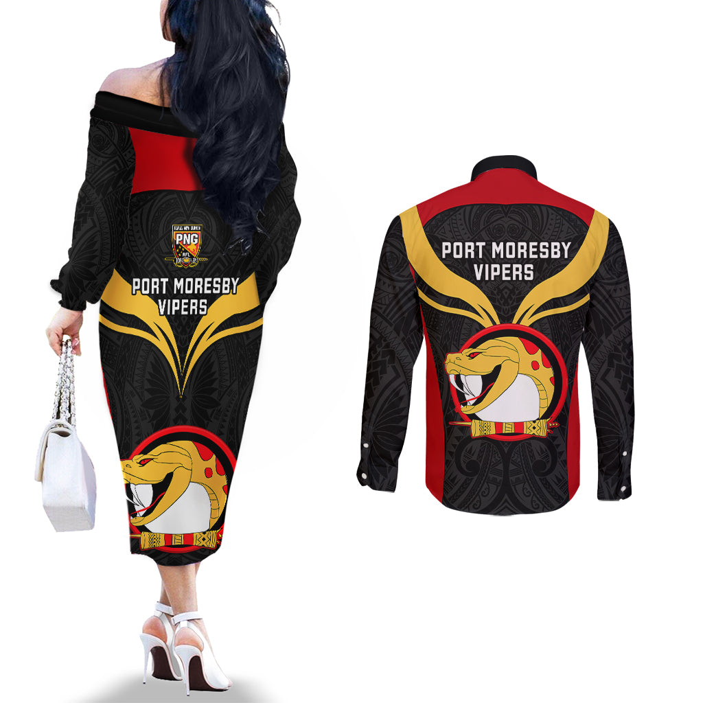 papua-new-guinea-rugby-couples-matching-off-the-shoulder-long-sleeve-dress-and-long-sleeve-button-shirts-port-moresby-vipers-png-polynesian-pattern