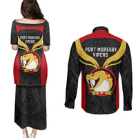 Papua New Guinea Rugby Couples Matching Puletasi Dress and Long Sleeve Button Shirts Port Moresby Vipers PNG Polynesian Pattern - Wonder Print Shop