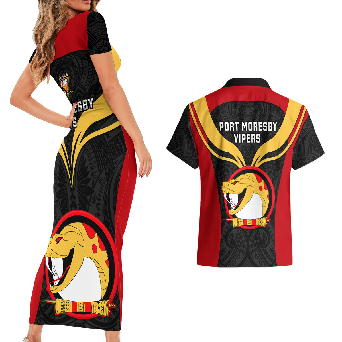 Papua New Guinea Rugby Couples Matching Short Sleeve Bodycon Dress and Hawaiian Shirt Port Moresby Vipers PNG Polynesian Pattern - Wonder Print Shop