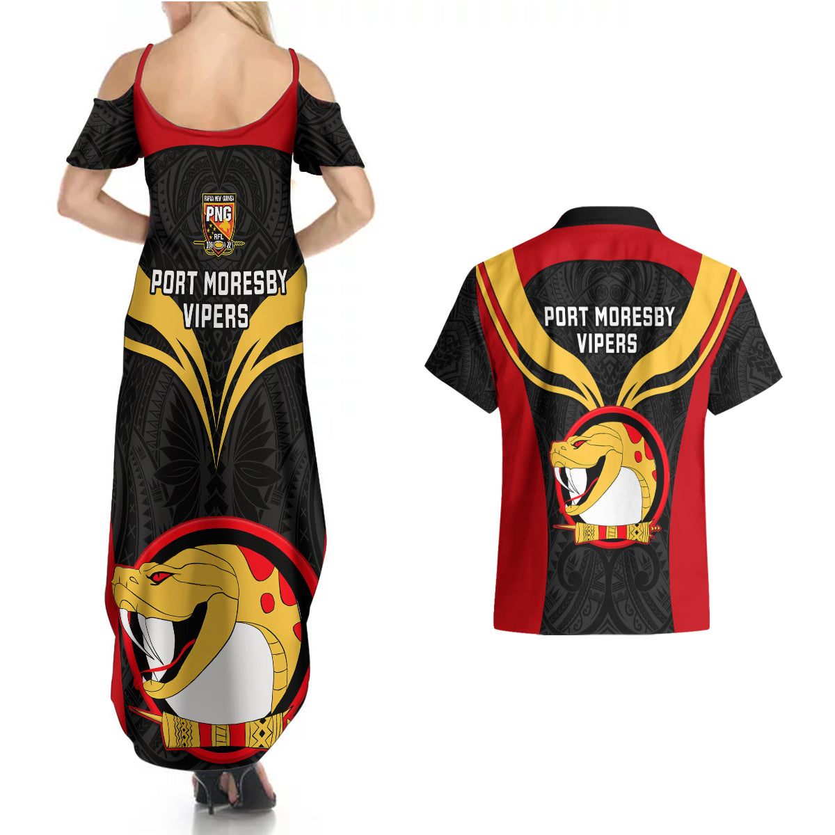 Papua New Guinea Rugby Couples Matching Summer Maxi Dress and Hawaiian Shirt Port Moresby Vipers PNG Polynesian Pattern - Wonder Print Shop