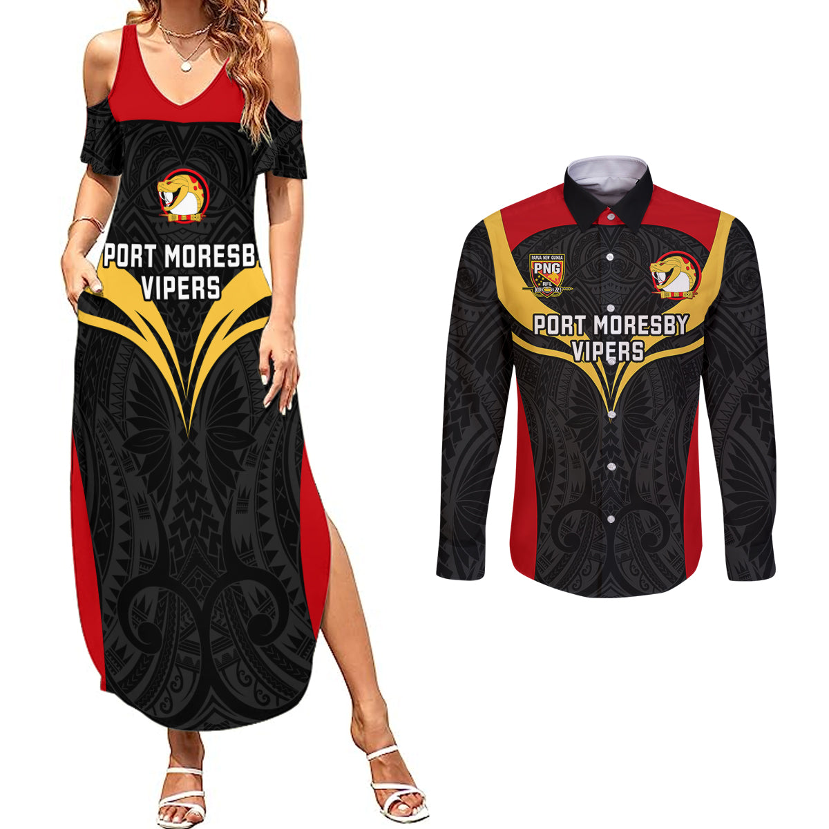 Papua New Guinea Rugby Couples Matching Summer Maxi Dress and Long Sleeve Button Shirts Port Moresby Vipers PNG Polynesian Pattern - Wonder Print Shop