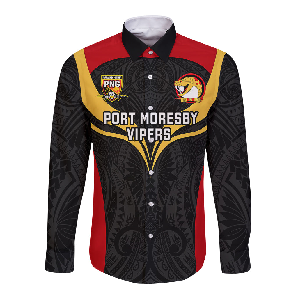 Papua New Guinea Rugby Long Sleeve Button Shirt Port Moresby Vipers PNG Polynesian Pattern - Wonder Print Shop