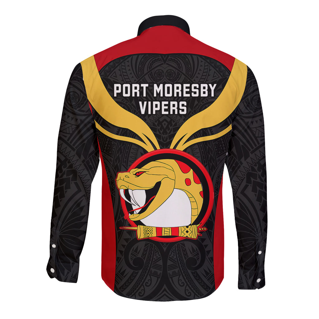 Papua New Guinea Rugby Long Sleeve Button Shirt Port Moresby Vipers PNG Polynesian Pattern - Wonder Print Shop