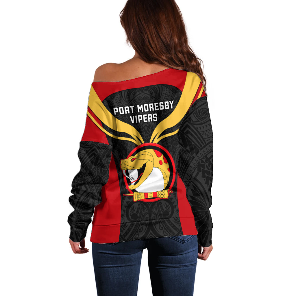 Papua New Guinea Rugby Off Shoulder Sweater Port Moresby Vipers PNG Polynesian Pattern - Wonder Print Shop