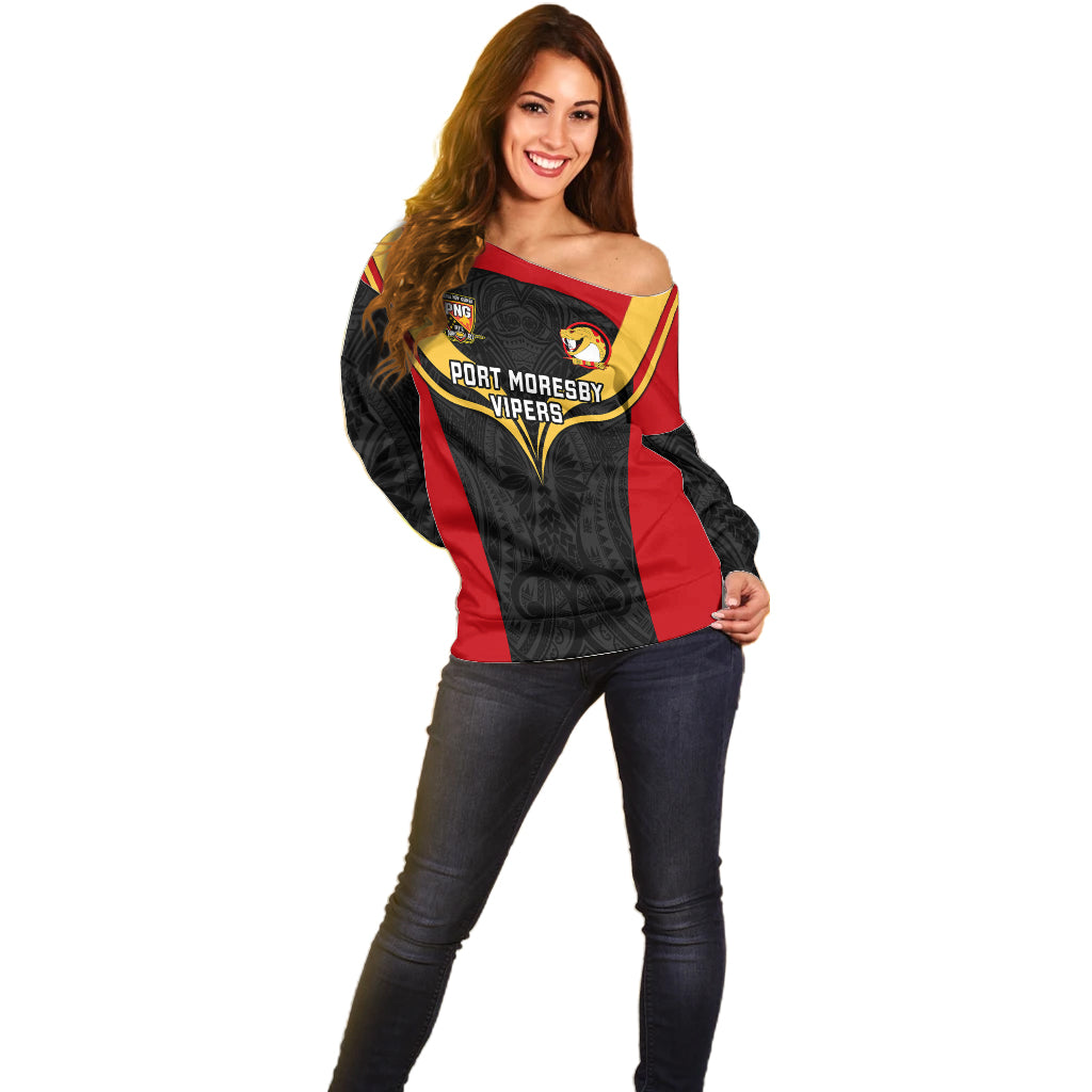 Papua New Guinea Rugby Off Shoulder Sweater Port Moresby Vipers PNG Polynesian Pattern - Wonder Print Shop