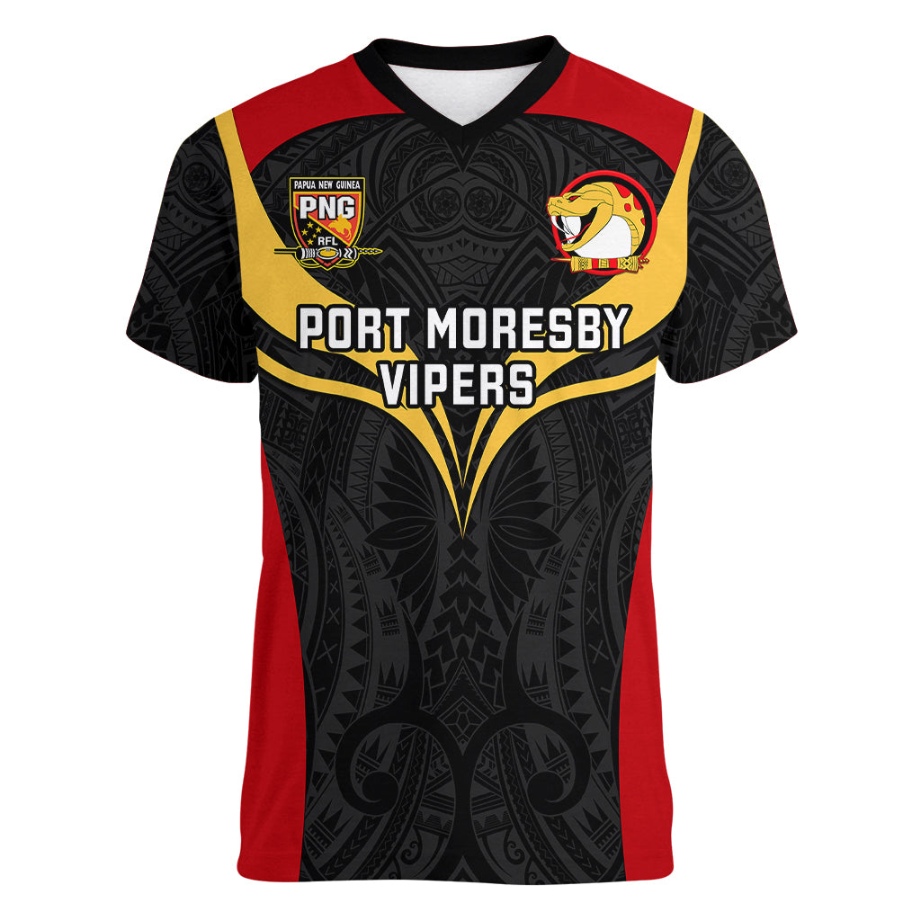 Papua New Guinea Rugby Women V Neck T Shirt Port Moresby Vipers PNG Polynesian Pattern - Wonder Print Shop
