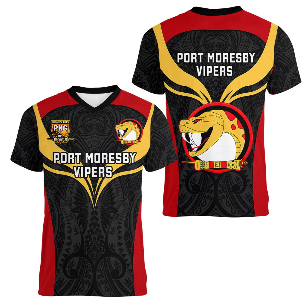 Papua New Guinea Rugby Women V Neck T Shirt Port Moresby Vipers PNG Polynesian Pattern - Wonder Print Shop