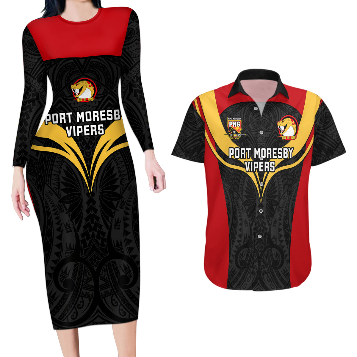 Custom Papua New Guinea Rugby Couples Matching Long Sleeve Bodycon Dress and Hawaiian Shirt Port Moresby Vipers PNG Polynesian Pattern - Wonder Print Shop