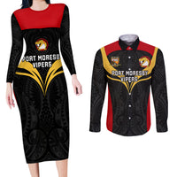 Custom Papua New Guinea Rugby Couples Matching Long Sleeve Bodycon Dress and Long Sleeve Button Shirts Port Moresby Vipers PNG Polynesian Pattern - Wonder Print Shop