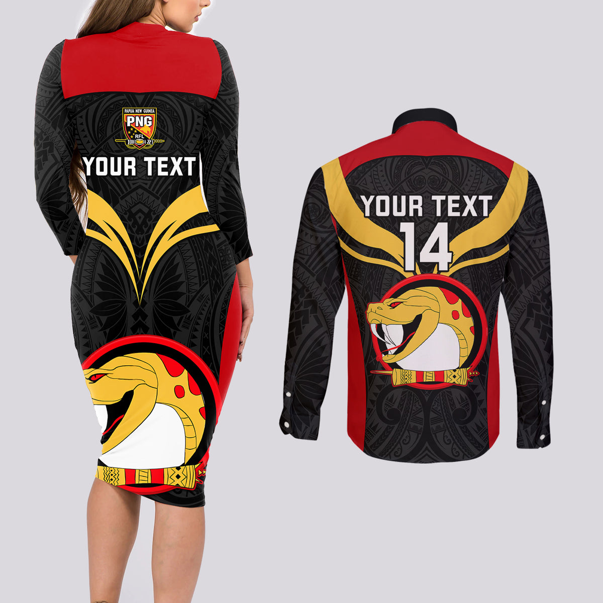 Custom Papua New Guinea Rugby Couples Matching Long Sleeve Bodycon Dress and Long Sleeve Button Shirts Port Moresby Vipers PNG Polynesian Pattern - Wonder Print Shop