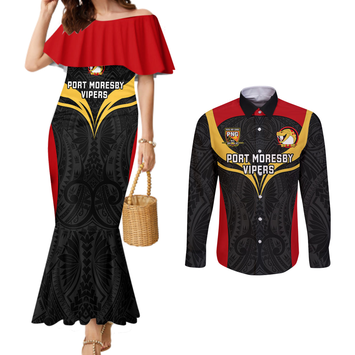 custom-papua-new-guinea-rugby-couples-matching-mermaid-dress-and-long-sleeve-button-shirts-port-moresby-vipers-png-polynesian-pattern