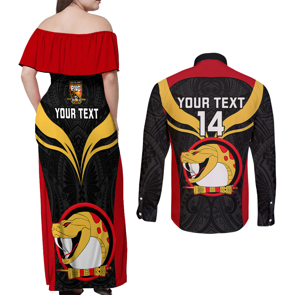 Custom Papua New Guinea Rugby Couples Matching Off Shoulder Maxi Dress and Long Sleeve Button Shirts Port Moresby Vipers PNG Polynesian Pattern - Wonder Print Shop