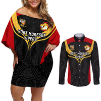 Custom Papua New Guinea Rugby Couples Matching Off Shoulder Short Dress and Long Sleeve Button Shirts Port Moresby Vipers PNG Polynesian Pattern - Wonder Print Shop