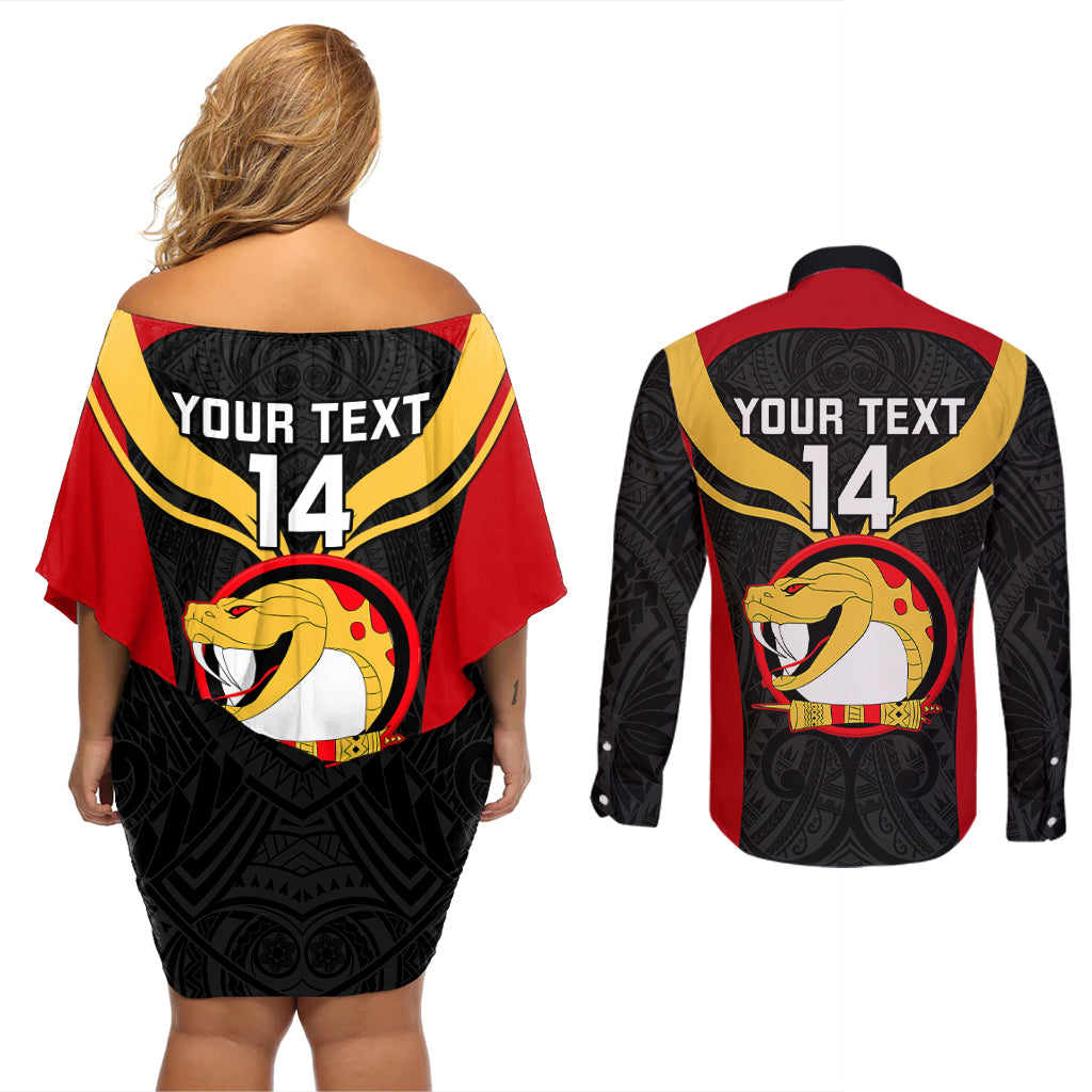 Custom Papua New Guinea Rugby Couples Matching Off Shoulder Short Dress and Long Sleeve Button Shirts Port Moresby Vipers PNG Polynesian Pattern - Wonder Print Shop