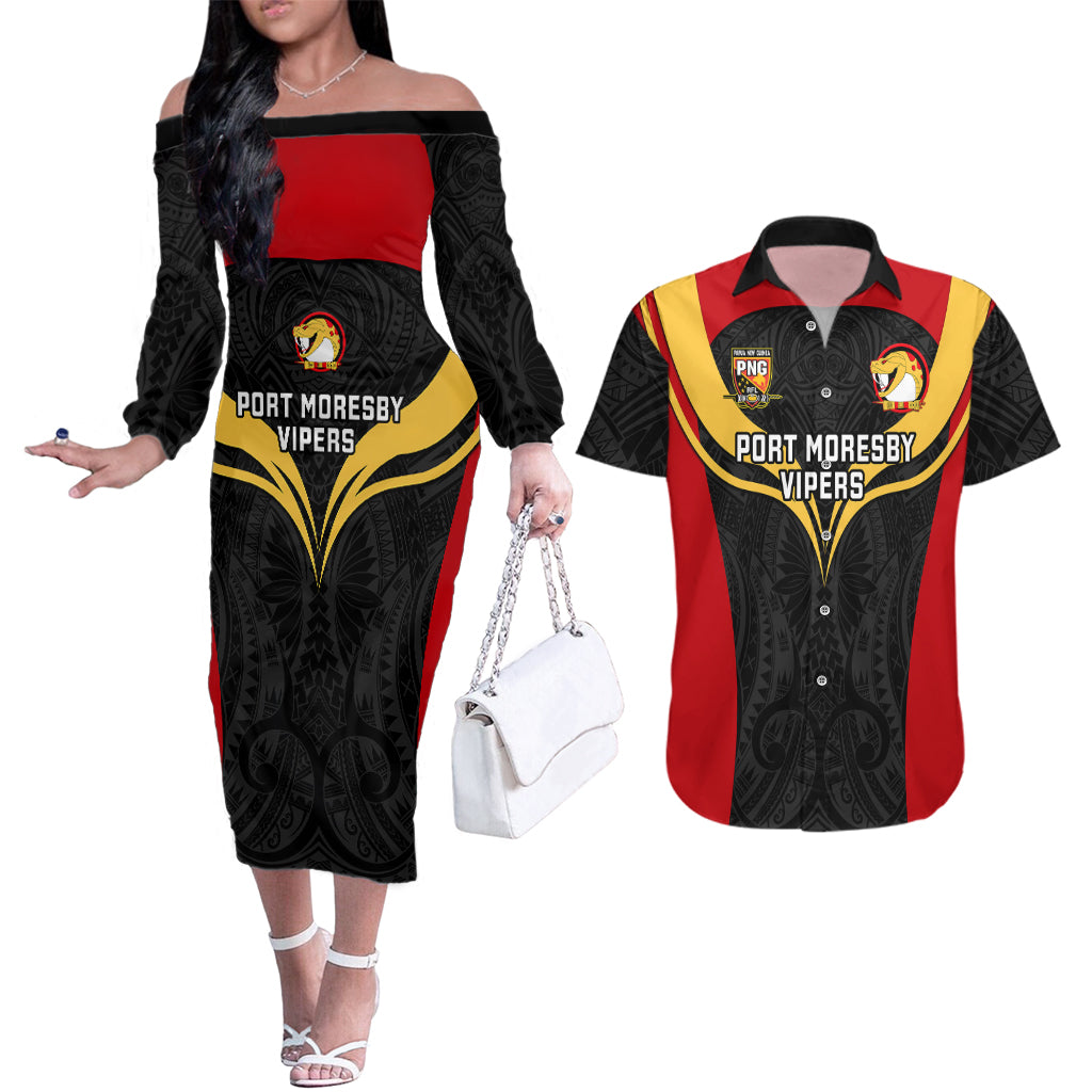 Custom Papua New Guinea Rugby Couples Matching Off The Shoulder Long Sleeve Dress and Hawaiian Shirt Port Moresby Vipers PNG Polynesian Pattern - Wonder Print Shop