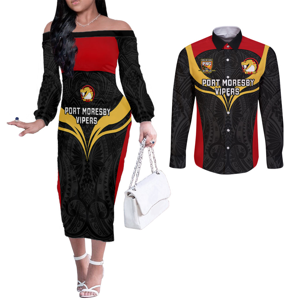 custom-papua-new-guinea-rugby-couples-matching-off-the-shoulder-long-sleeve-dress-and-long-sleeve-button-shirts-port-moresby-vipers-png-polynesian-pattern