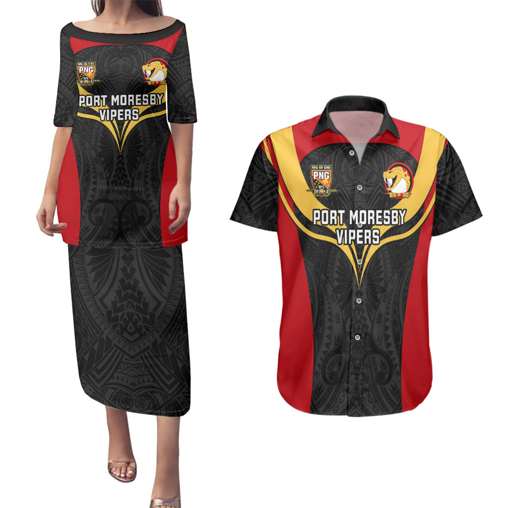 Custom Papua New Guinea Rugby Couples Matching Puletasi Dress and Hawaiian Shirt Port Moresby Vipers PNG Polynesian Pattern - Wonder Print Shop