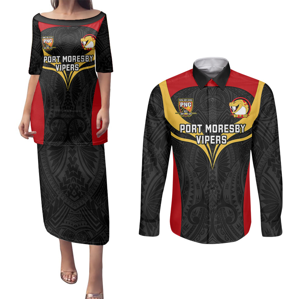 Custom Papua New Guinea Rugby Couples Matching Puletasi Dress and Long Sleeve Button Shirts Port Moresby Vipers PNG Polynesian Pattern - Wonder Print Shop