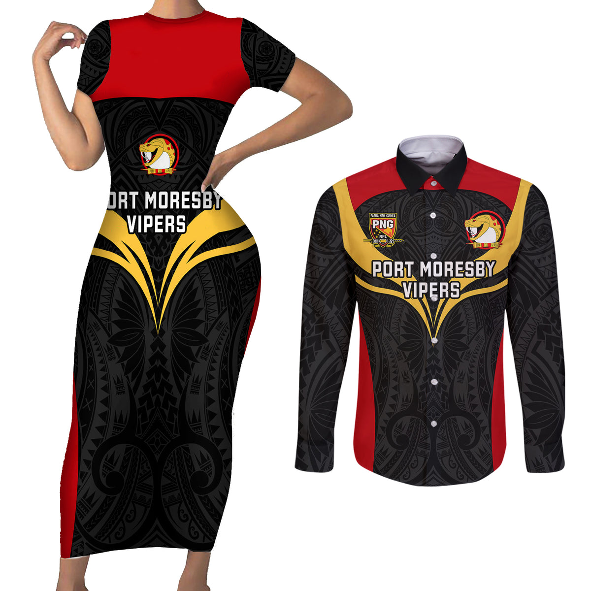 Custom Papua New Guinea Rugby Couples Matching Short Sleeve Bodycon Dress and Long Sleeve Button Shirts Port Moresby Vipers PNG Polynesian Pattern - Wonder Print Shop