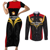 Custom Papua New Guinea Rugby Couples Matching Short Sleeve Bodycon Dress and Long Sleeve Button Shirts Port Moresby Vipers PNG Polynesian Pattern - Wonder Print Shop