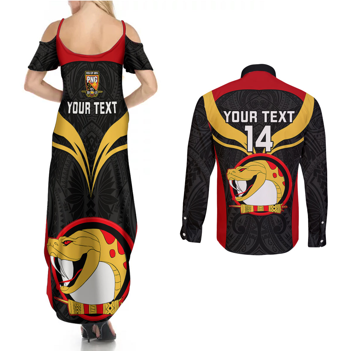 Custom Papua New Guinea Rugby Couples Matching Summer Maxi Dress and Long Sleeve Button Shirts Port Moresby Vipers PNG Polynesian Pattern - Wonder Print Shop