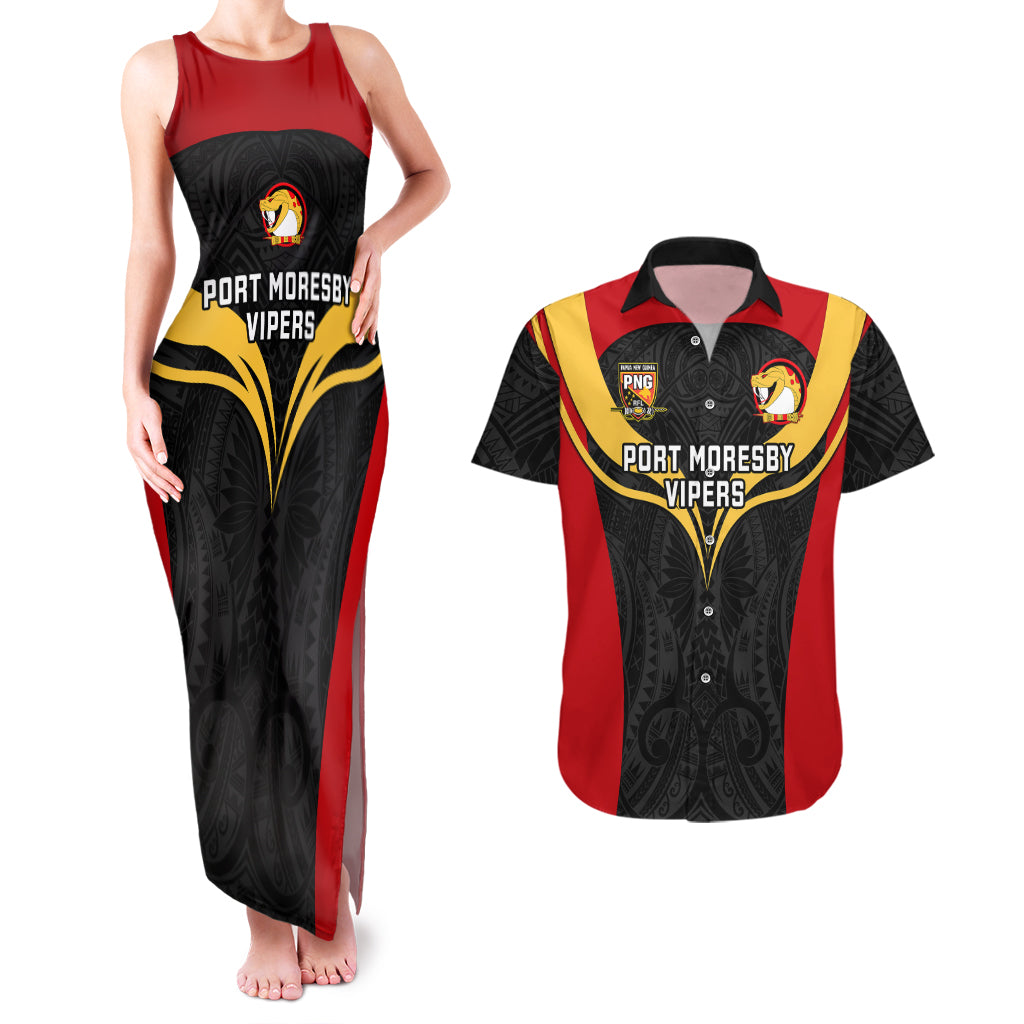Custom Papua New Guinea Rugby Couples Matching Tank Maxi Dress And Hawaiian Shirt Port Moresby Vipers PNG Polynesian Pattern - Wonder Print Shop