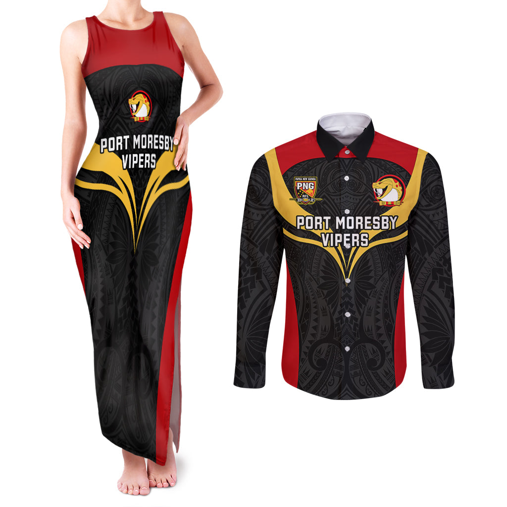 Custom Papua New Guinea Rugby Couples Matching Tank Maxi Dress and Long Sleeve Button Shirts Port Moresby Vipers PNG Polynesian Pattern - Wonder Print Shop