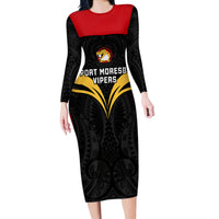 Custom Papua New Guinea Rugby Long Sleeve Bodycon Dress Port Moresby Vipers PNG Polynesian Pattern - Wonder Print Shop