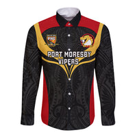 Custom Papua New Guinea Rugby Long Sleeve Button Shirt Port Moresby Vipers PNG Polynesian Pattern - Wonder Print Shop