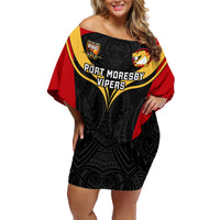 Custom Papua New Guinea Rugby Off Shoulder Short Dress Port Moresby Vipers PNG Polynesian Pattern - Wonder Print Shop