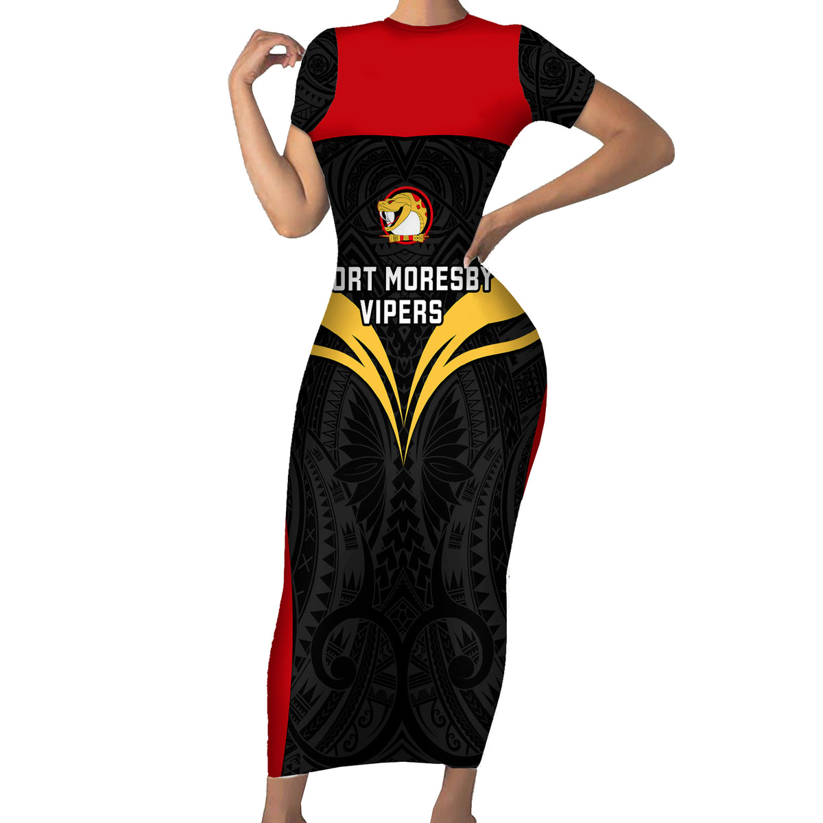 Custom Papua New Guinea Rugby Short Sleeve Bodycon Dress Port Moresby Vipers PNG Polynesian Pattern - Wonder Print Shop