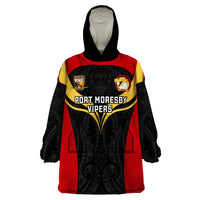 Custom Papua New Guinea Rugby Wearable Blanket Hoodie Port Moresby Vipers PNG Polynesian Pattern - Wonder Print Shop