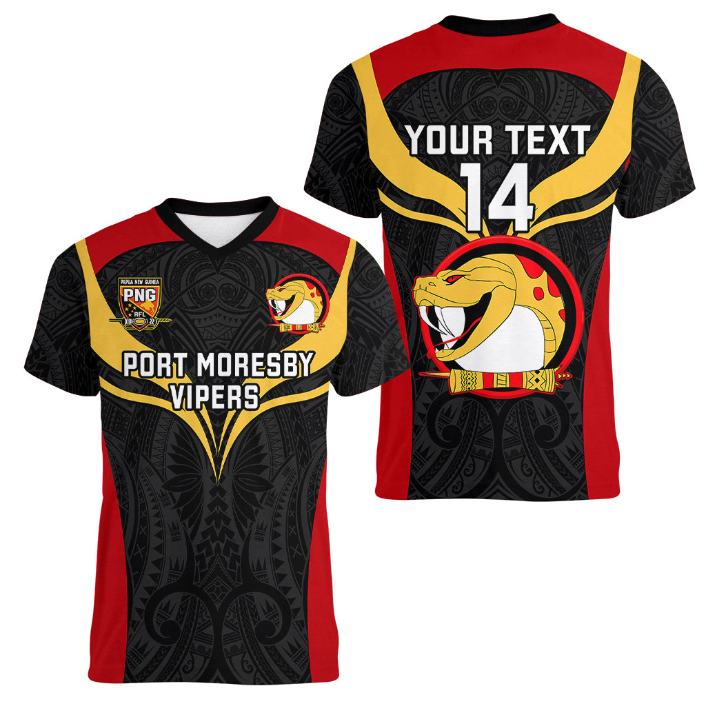 Custom Papua New Guinea Rugby Women V Neck T Shirt Port Moresby Vipers PNG Polynesian Pattern - Wonder Print Shop