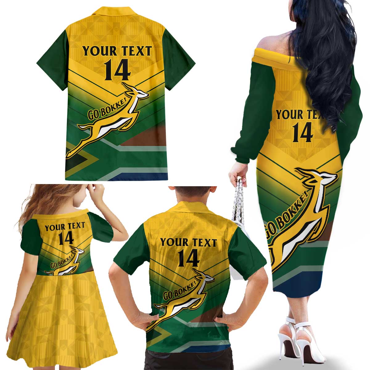Custom South Africa Rugby Family Matching Off The Shoulder Long Sleeve Dress and Hawaiian Shirt Springboks Go Champions African Pattern - Wonder Print Shop